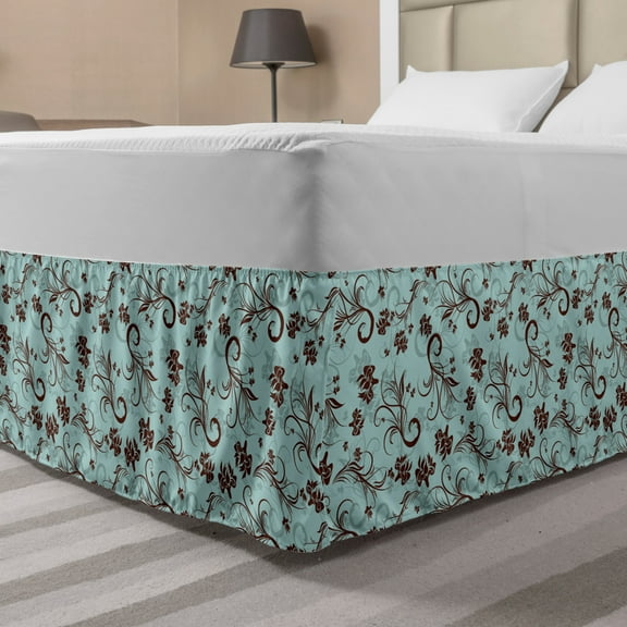 Floral Bed Skirt, Rhythmic Curlicue Flowers Leaves Classic Print with Shadows Silhouettes, Elastic Bedskirt Dust Ruffle Wrap Around for Bedding Decor, 4 Sizes, Pale Seafoam and Brown, by Ambesonne