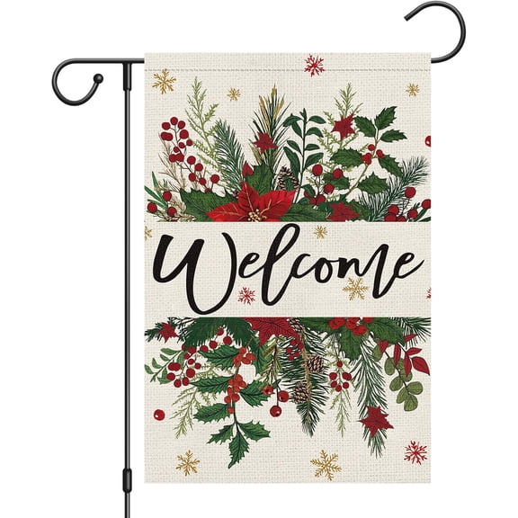 Winter Holiday Garden Flag 12x18 Inch Double Sided Burlap Poinsettia Holly Xmas Outdoor Banner
