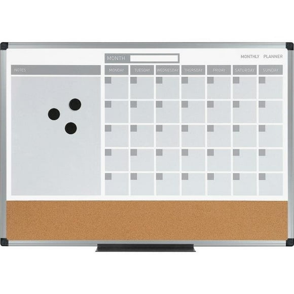 Bi-Silque BVCMB0707186P 3-en-1 Calendrier Mensuel d'Effacement à Sec Board&44; Argent