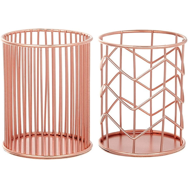 Rose Gold Storage Tube Mesh Pen Pot Metall Pen Holder Rose Gold Pen Holder Multifunctional Pen Pot Hollow Round Office Desk Container for Storing Brushes Decorative Storaging Flowers Pen 2 Pieces