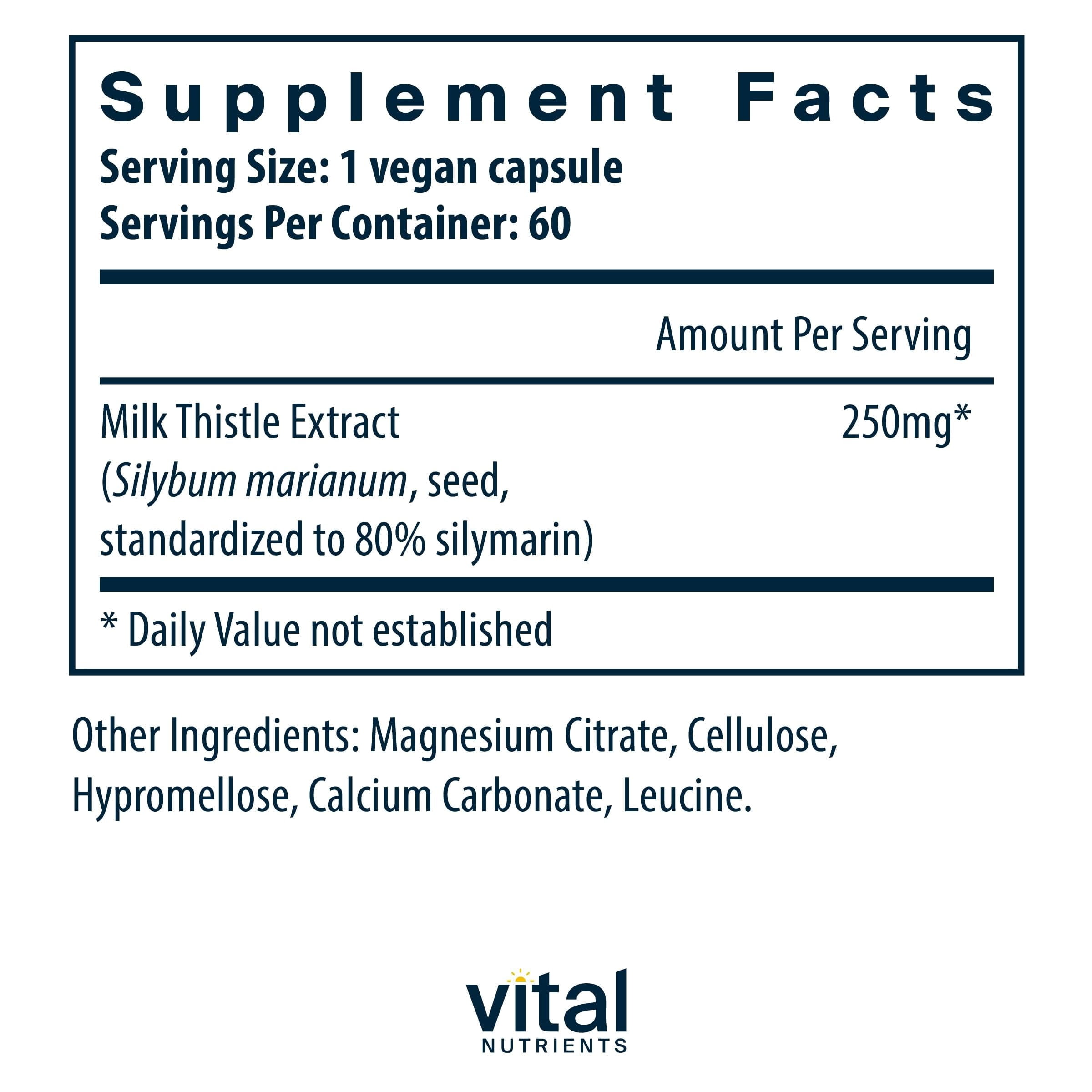 Vital Nutrients Milk Thistle Extract 250mg | Vegan Milk Thistle Supplement for Liver Function & Detox | Antioxidant Support for Glutathione Production| Gluten, Dairy, Soy Free| Non-GMO | 60 Capsules