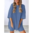 thumbnail image 5 of Women's two-piece casual suit summer casual loose shirt cycling shorts match airport travel wear Blue L, 5 of 7