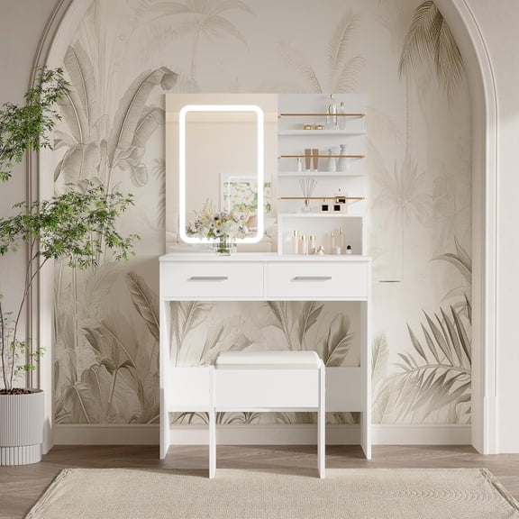 Vanity Desk with Mirror and Lights, Makeup Vanity with 2 Drawers & Open Storage Shelves, Cabinet, 3 Lighting Modes Adjustable Brightness, Bedroom Dressing Table