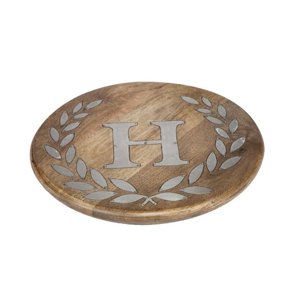 10" Rustic Brown and Gray Laurel Leaf Designed Food Safe Round Trivet with Letter "H"