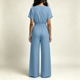 thumbnail image 4 of Women's V Neck Short Sleeve Jumpsuit Cinched Waist Casual One Piece Romper with Long Pants Summer Fashion Outfit Light Blue XL(XL), 4 of 6