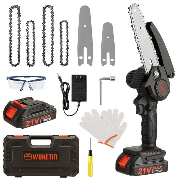 Mini Chainsaw Kit, 4-Inch 6-Inch Adjustable Cordless Handheld Chain Saw with 2 Rechargeable 21V 2000mAh Battery, 4 Chains, Tool Box Set, Hand Held Power Chain Saws