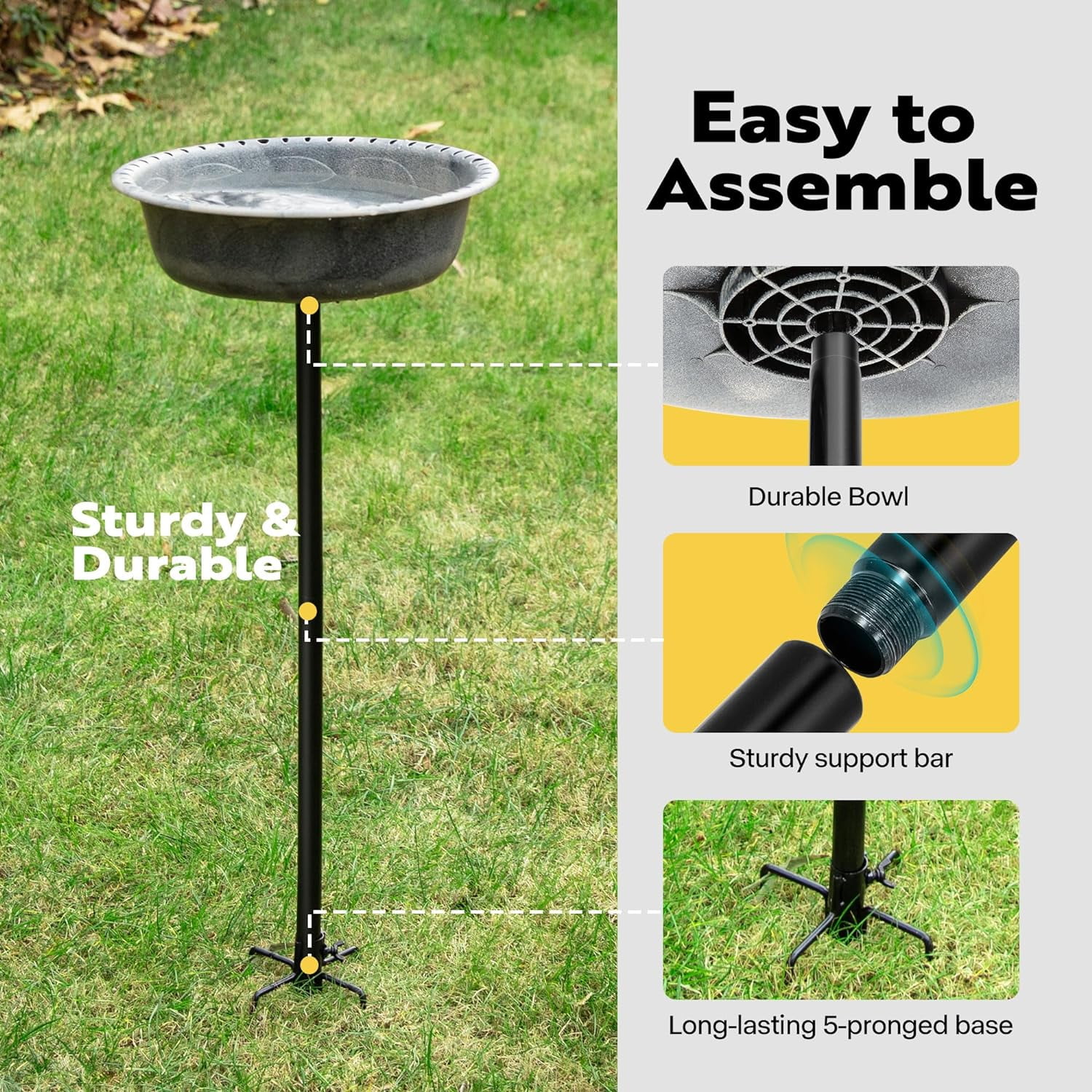 SPECSTAR Bird Bath, Polyresin Birdbath Bowl with Metal Stake, 29 inch Height Outdoor Freestanding Birdfeeder, 1.4 Gallons, 5-Pronged Base, Gray
