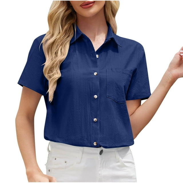 Olyvenn Womens Cotton Linen Short Sleeve Shirts Casual Button Down Collared V Neck Solid Blouses Summer Beach Work Tops 2025 Blue XL