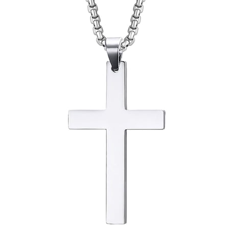 Cross Necklace for Men Stainless Steel Cross Pendant with 24" Box Chain, Religiou Gifts for Father Uncle Son Boyfriend