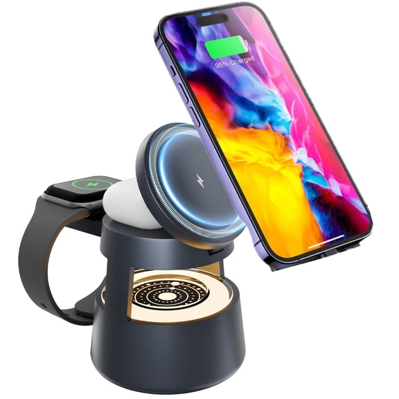 Magnetic Wireless Charger,4 in 1 Fast Charging Station Compatible for iPhone 17 16 15 14 13 12 11 8 X XR SE,3 Adjustable Light Desk Charging Station for Watch, AirPod(Black)