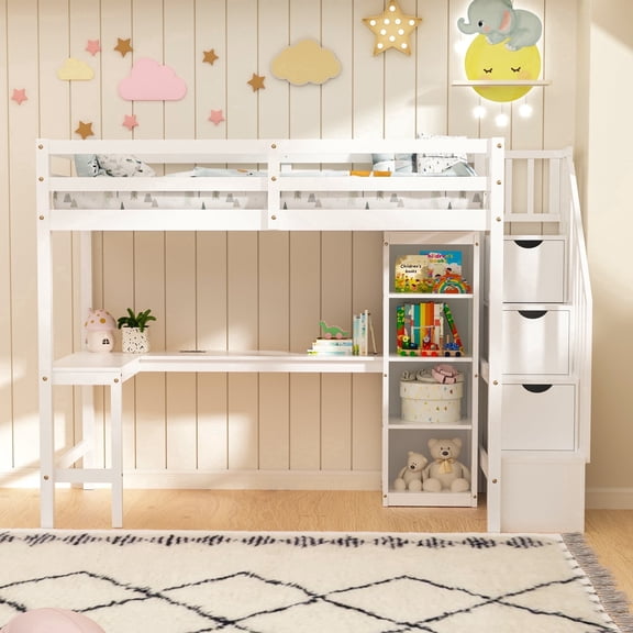 Twin Size Loft Bed with L-Shaped Desk & LED Lights & Charging Station, Solid Wood Loft Bed Frame with Storage and Stairs, Heavy Duty Loft Bed for Kids, White
