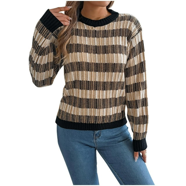 Npasoilc Chandails au Crochet Tricotés pour Femmes à Manches Longues Col Rond Rayé Imprimé Chandail Blouse Léger Doux Automne Hiver Décontracté Ample Chandails