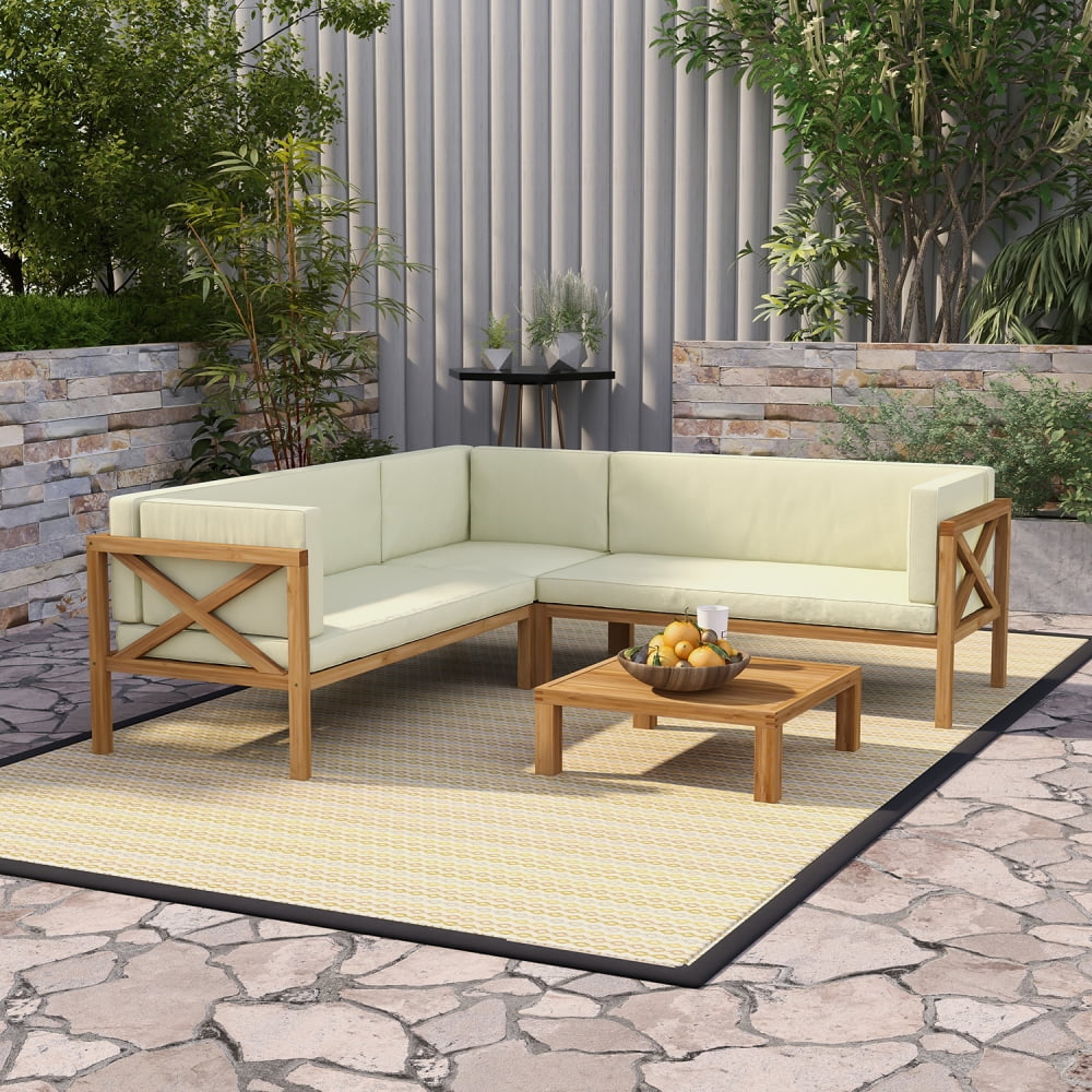 4Piece Patio Furniture Set, Outdoor Solid Wood Sectional Sofa with