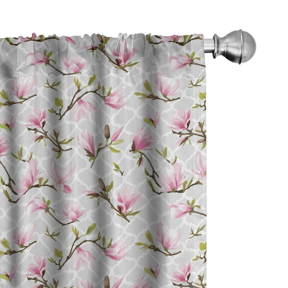 Ambesonne Vintage Curtains, Magnolia Flower Pattern, Pair of 28"x95", Pale Pink Pale Grey