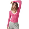 thumbnail image 7 of Htigea Women V Neck Lace Long Sleeve Shirts Basic Fitted Double Lined Going Out Y2K Trendy Fall Tops Hot Pink M, 7 of 7
