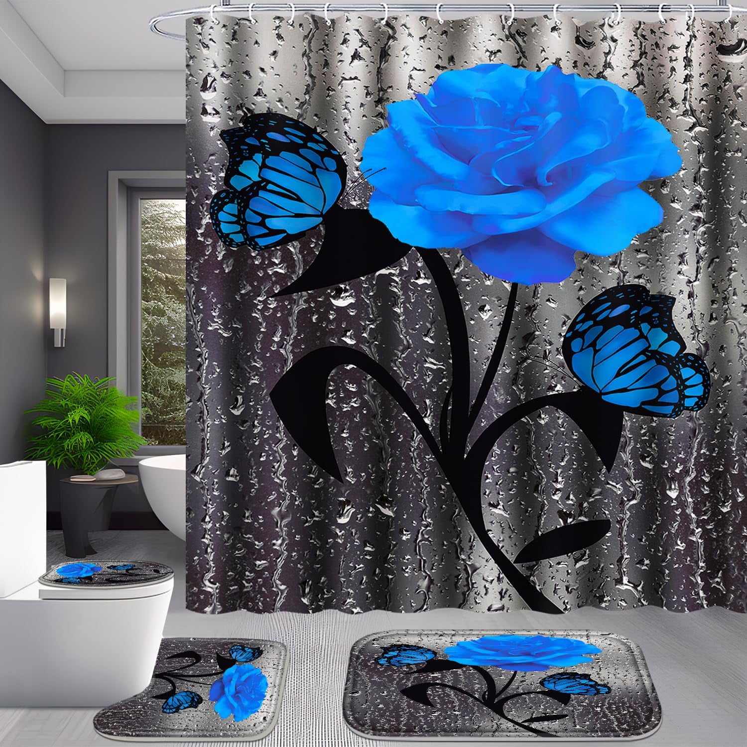 4 Pcs Bathroom Set,Orange Rose Shower Curtain Sets, Romantic Shower Curtain Sets with Rugs(Bath Mat,U Shape and Toilet Lid Cover Mat) and 12 Hooks