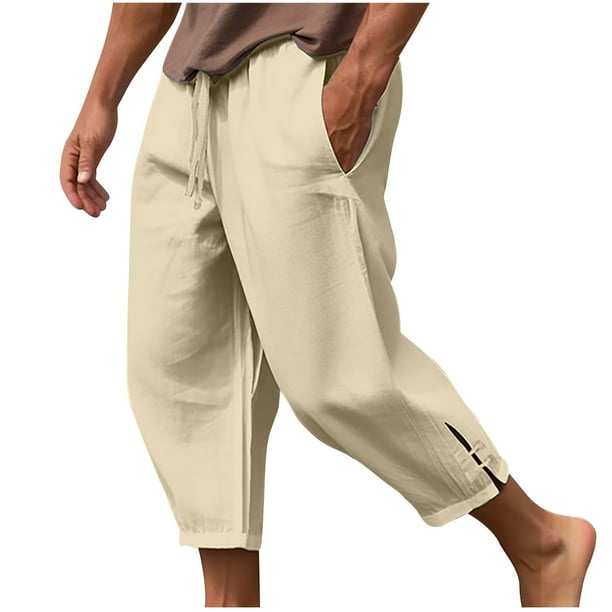 Pantalones de lino para hombre, largos, con cordón, bolsillos, cinturón elástico, rectos, lisos, para hombre