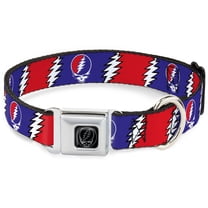 Grateful Dead Pet Collar, Dog Collar Metal Seatbelt Buckle, Steal Your Face Lightning Bolt Repeat Red White Blue, 9.5 to 13 Inches 1.0 Inch Wide