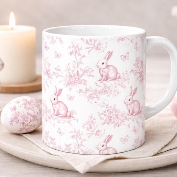 Pink Bunny Toile Vintage Easter Mug Ceramic Coffee Cup