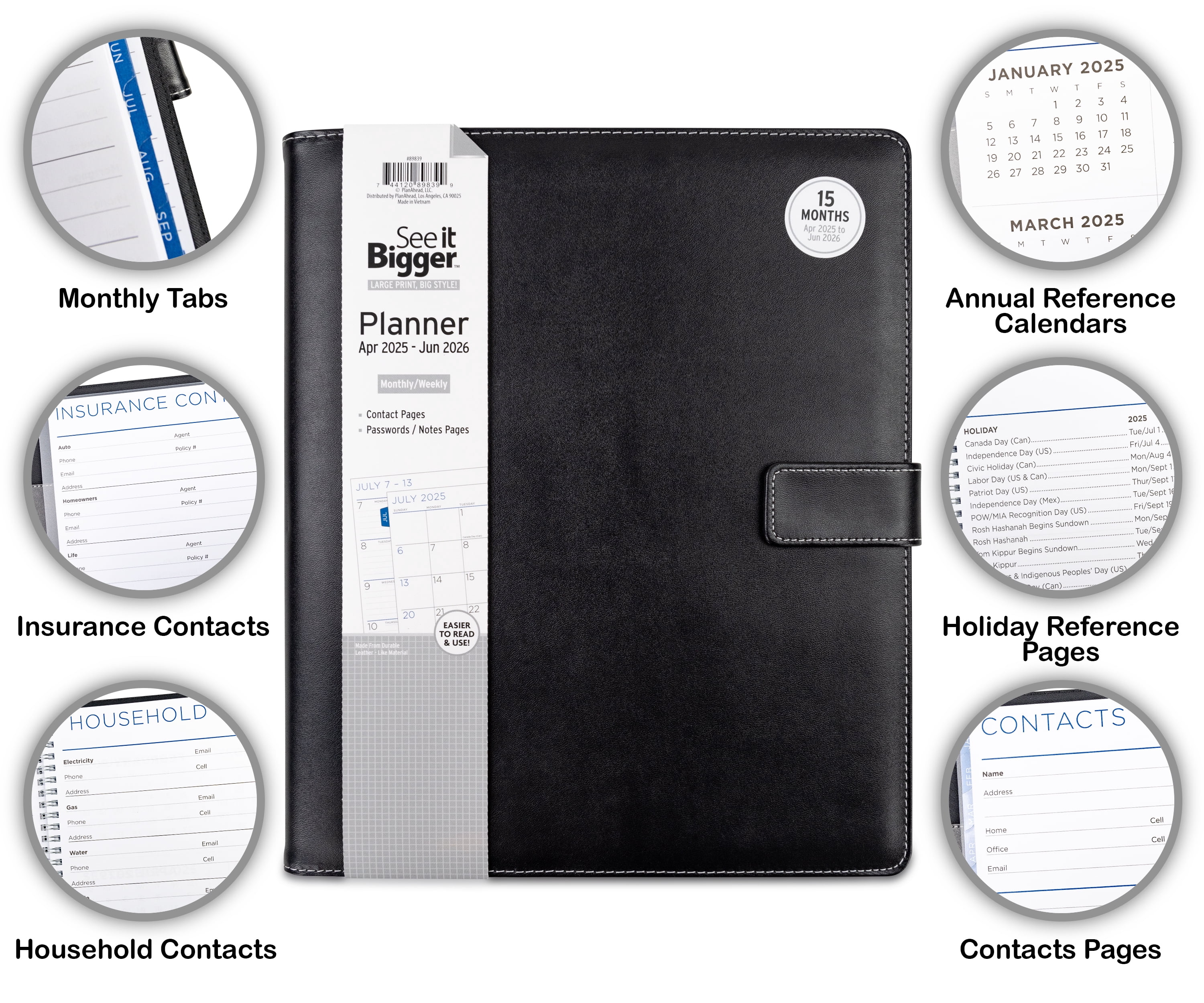 See it Bigger Monthly Weekly Padfolio Planner (10″ x 6″) Large Black, 15 month, Apr 2025-Jun 2026