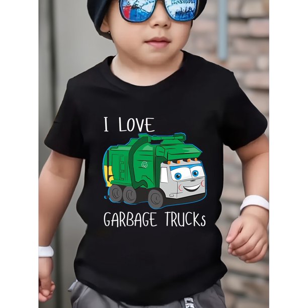Camiseta para niño con estampado de camión de basura, "Amo los camiones de basura". Cuello redondo de algodón con diseño divertido. Ropa informal para niños. Diseño divertido. Camisetas cómodas para