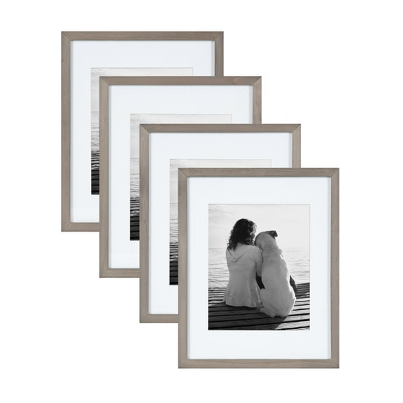 DesignOvation Gallery Picture Frame Set, Set of 4, 11 x 14 Matted to 8 x 10, Gray, Decorative Farmhouse Set of Robust Solid Wood Picture Frames for Wall Decor