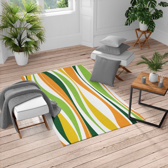 Vintage Turkish Area Rug, Retro Vibrant Stripes Funky Lines Design Patterns Abstract Print, Soft Carpet for Living Room Decor with Distressed Look, 4' X 5.7', Apple Green, by Ambesonne