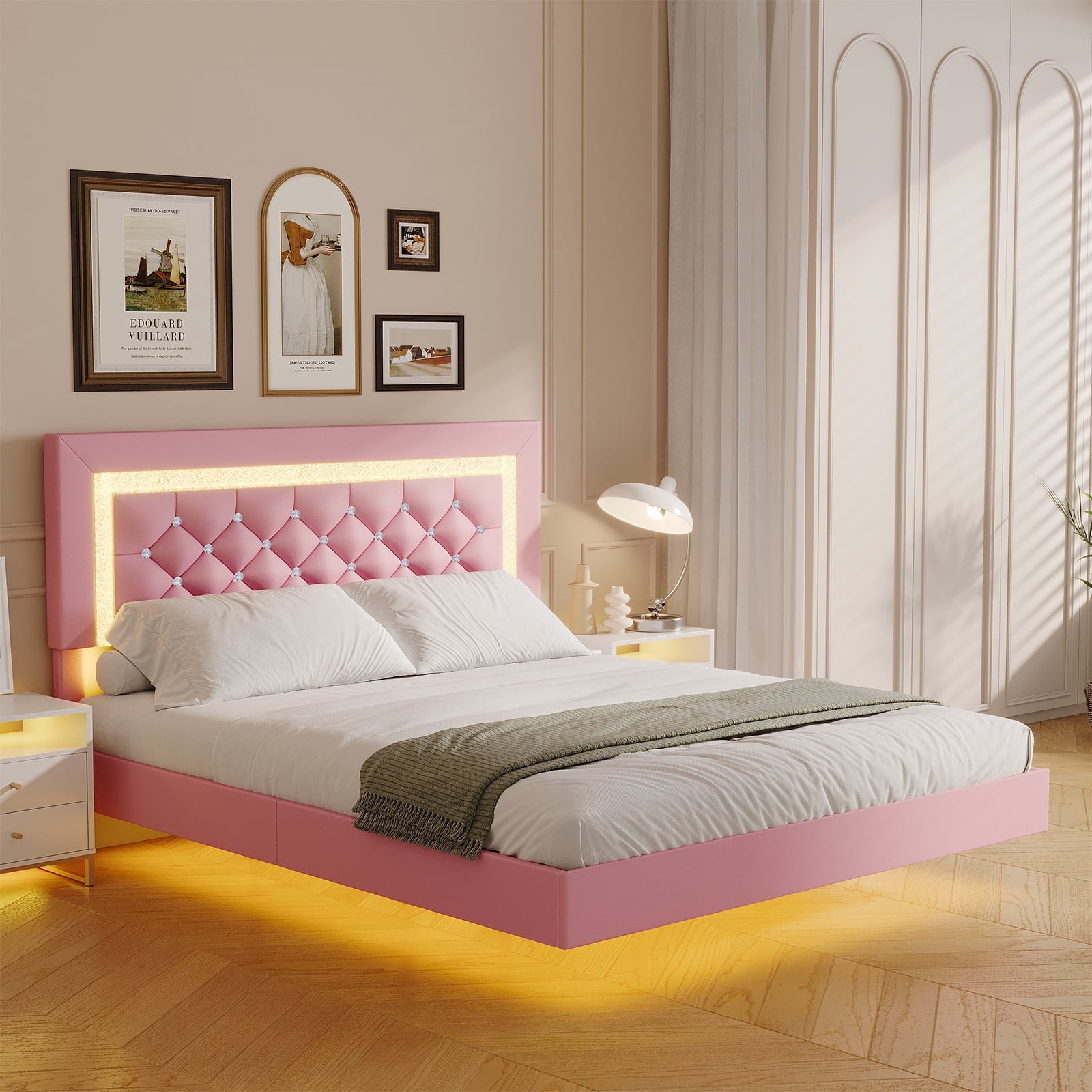 4 EVER WINNER  Full Size Floating Bed Frame with LED Lights, Upholstered Platform Bed Frame with Diamond Tufted Headboard, Pink Full Size Bed Frame, Pink