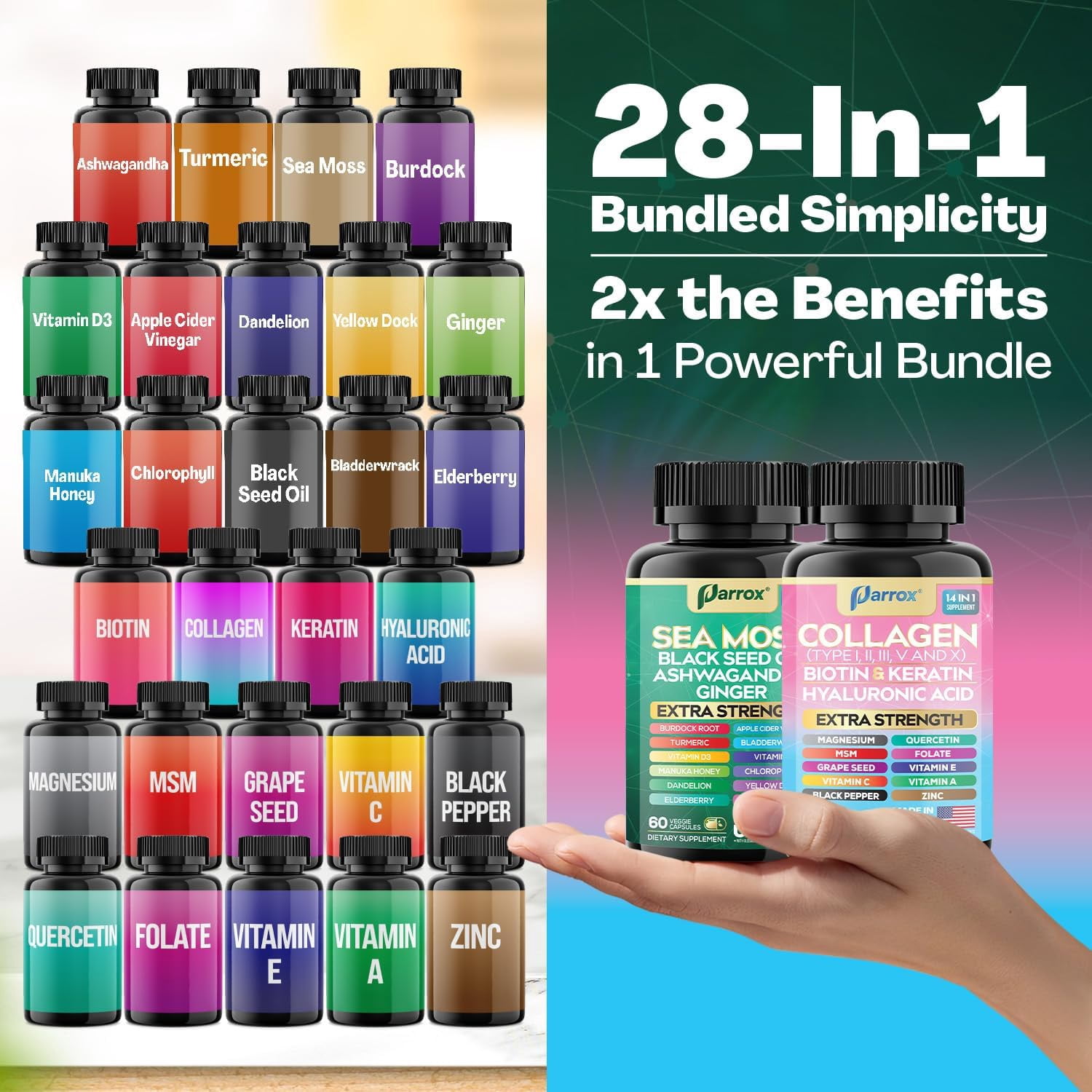 Parrox Radiant Wellness Bundle -Sea Moss, Black Seed Oil, Ashwagandha, Ginger, Collagen Types I II III V X, Biotin, Keratin, Hyaluronic Acid, Burdock Root, Turmeric, Vitamin D3, Magnesium (3 Pack)