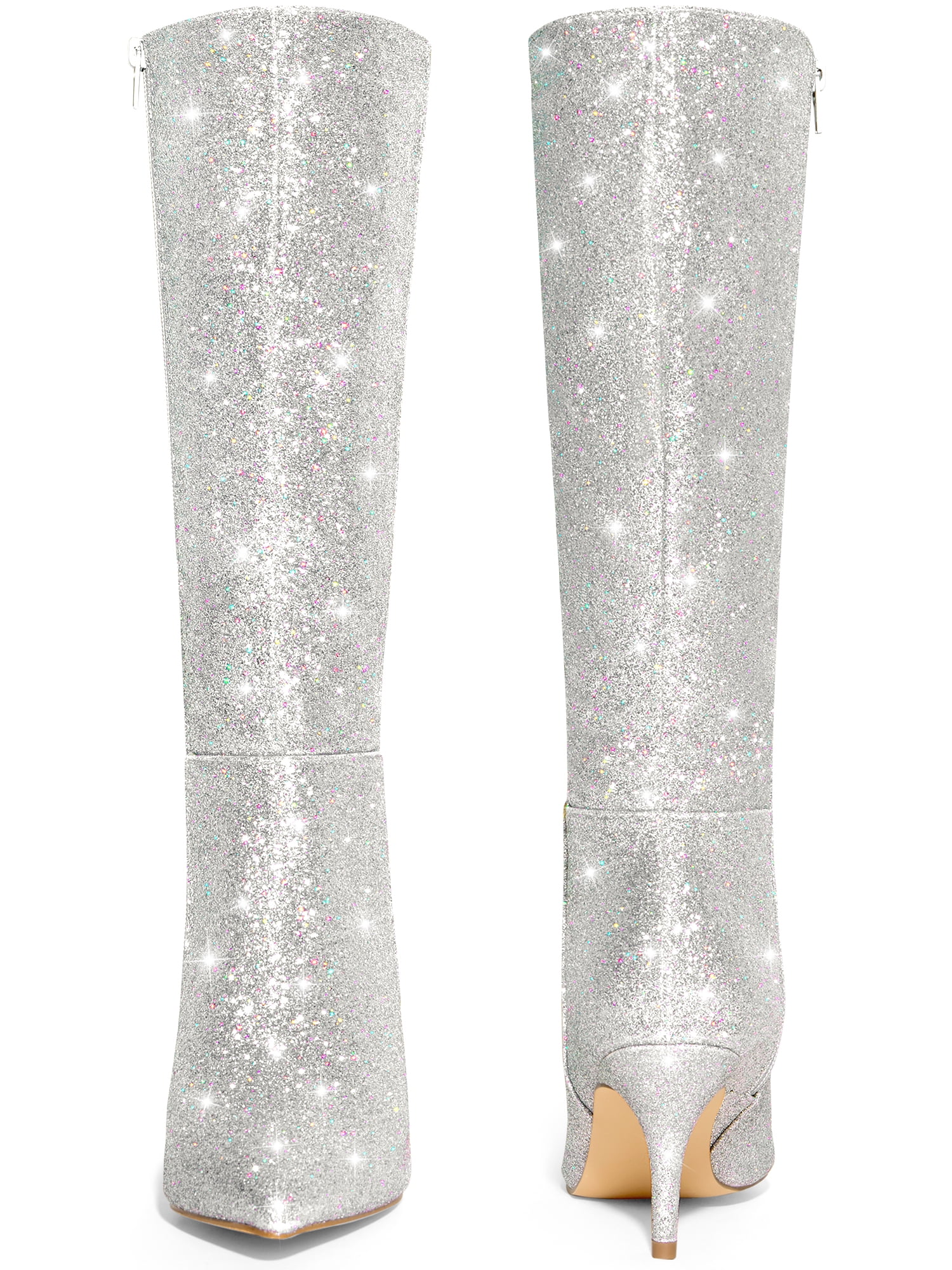 DARING DIVA Women's Pointed Toe Glitter Stiletto Heel Knee High Boots Silver 8