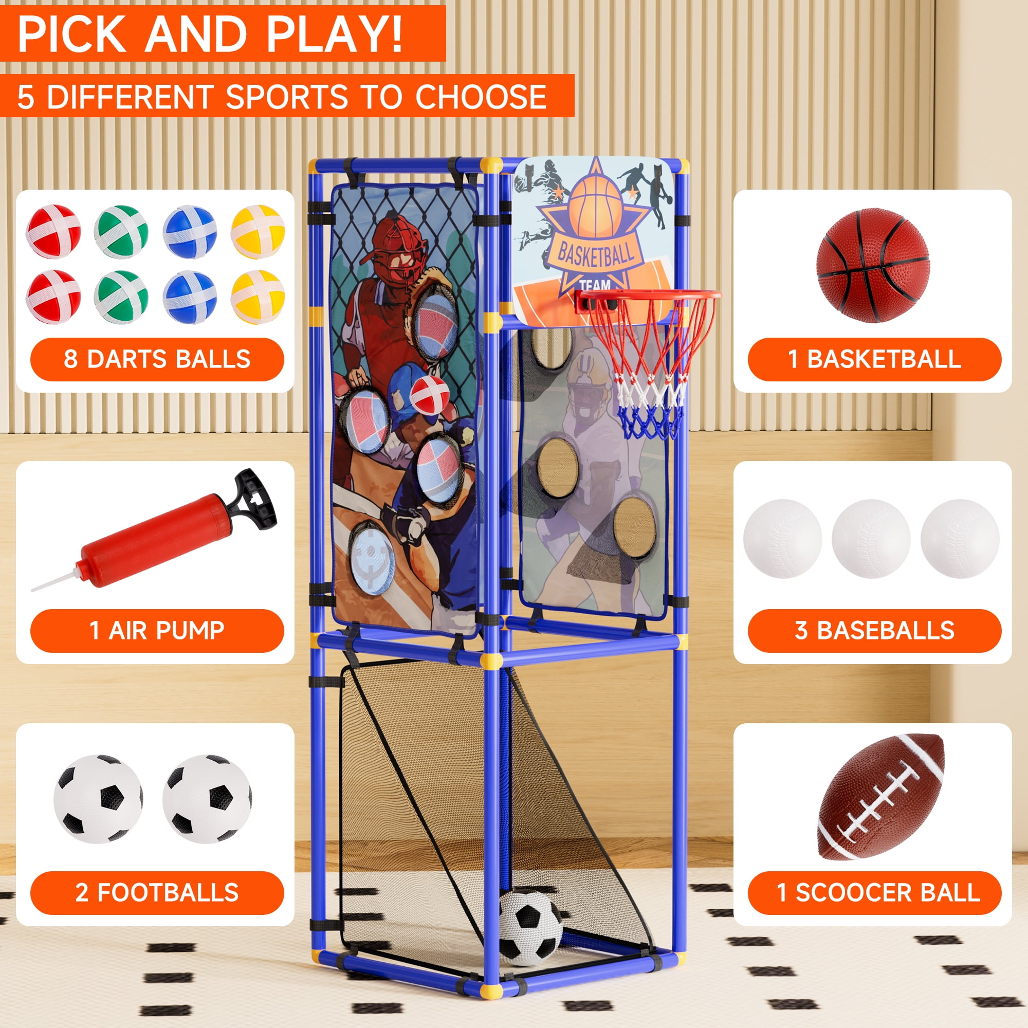 Bruce&Shark 5-in-1 Multi-Sport Toss Game Set, Play Football, Baseball, Basketball, Soccer, and Darts - Lightweight and Portable