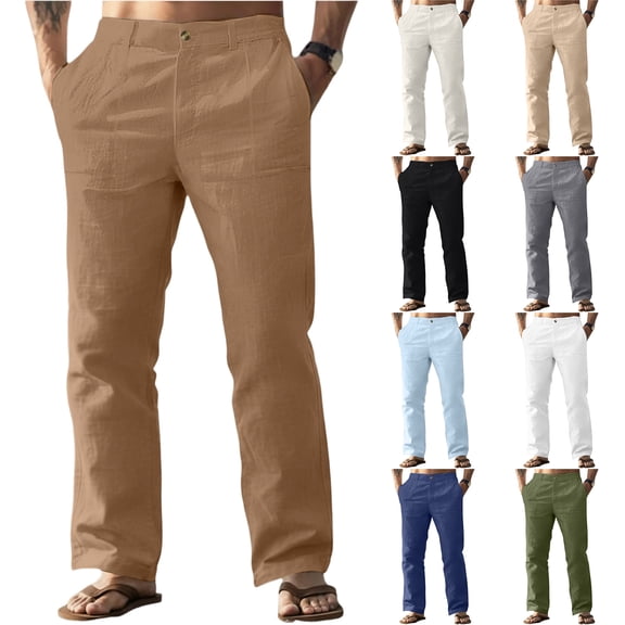 Men's Cotton and Linen Solid Color Casual Trousers, Straight Leg Long Pants for Relaxation and Daily Comfort,Army Green,L
