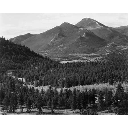 View with trees in foreground barren mountains in background in Rocky Mountain National Park Colo Poster Print by Ansel
