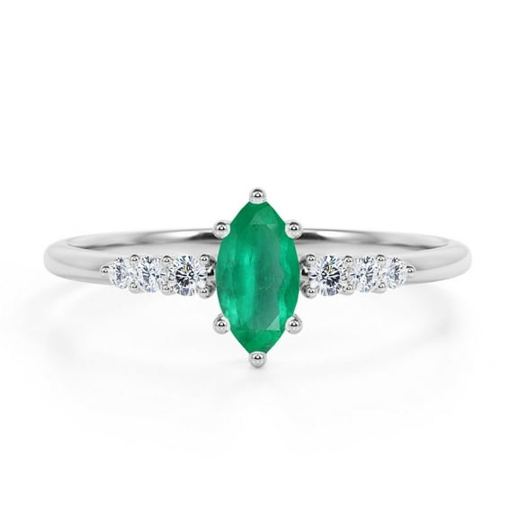JeenMata Unique North-South 0.5 TCW Marquise Cut Lab Created Emerald and Moissanite 7-Stone Pave Cluster Engagement Ring in 18K White Gold Plating over Silver