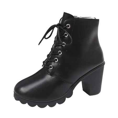 

Women S Ankle Boots Fashion British Style Solid Leather Lace Up Thick High Heel Short Boots