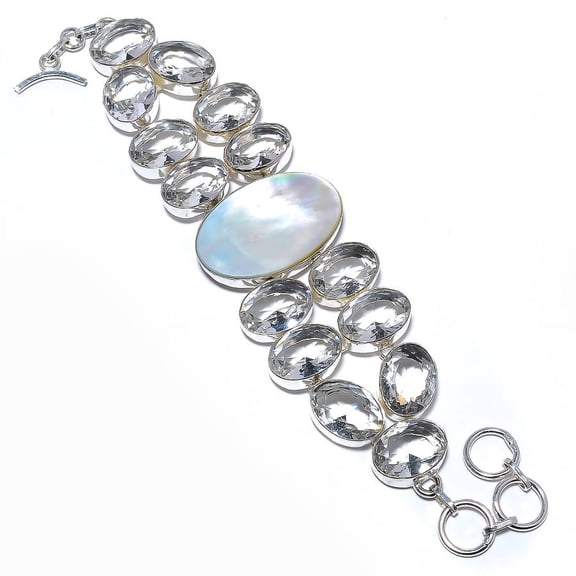 Mother Of Pearl & White Topaz 925 Sterling Silver Bracelet 7.99" S6154, Gemstone Jewelry, Birthday Gift, Beautiful Jewelry For Woman & Girls