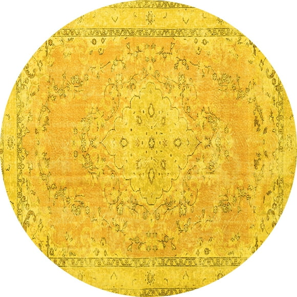 Ahgly Company Indoor Round Medallion Yellow Traditional Area Rugs, 3' Round
