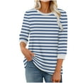 thumbnail image 3 of Womens Stripe Print Color 3/4 Sleeve Round Neck Pullover Fashion Blouses Top Casual Crew Neck Loose Shirt Tops Blouses for Women, 3 of 6