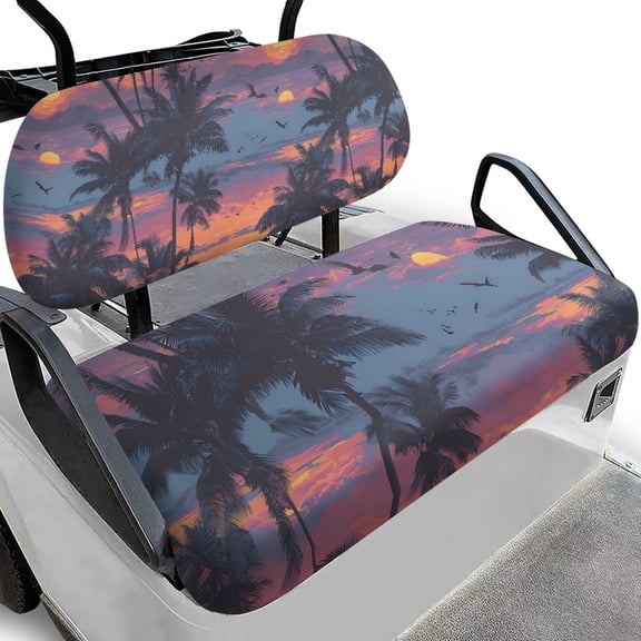 Pzuqiu Tropical Sunset Palm Tree Golf Cart Seat Cover Set - Breathable Stretchable 2-Piece Kit | Fits EZGO, Club Car & Yamaha | All-Weather Protection