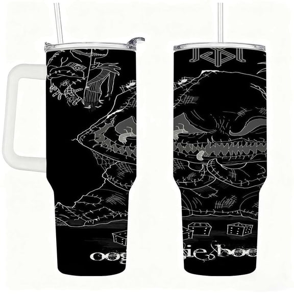 Black Graffiti Monster Tumbler with Handle, Stainless Steel Insulated Cup with Lid and Straw