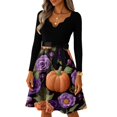 thumbnail image 3 of Women's Halloween Dress Pumpkin Printed Long Sleeve Casual Swing Dress Candy Hepburn V-Neck Novelty Tea Length Dress with Belt S, 3 of 5