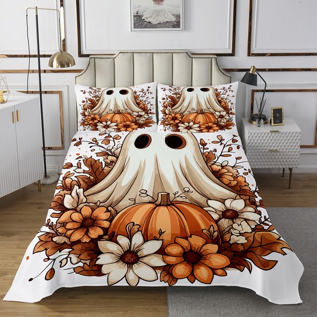 Erosebridal Kawaii Ghost Harvest Pumpkin Rustic Flower Bedspread Queen Size