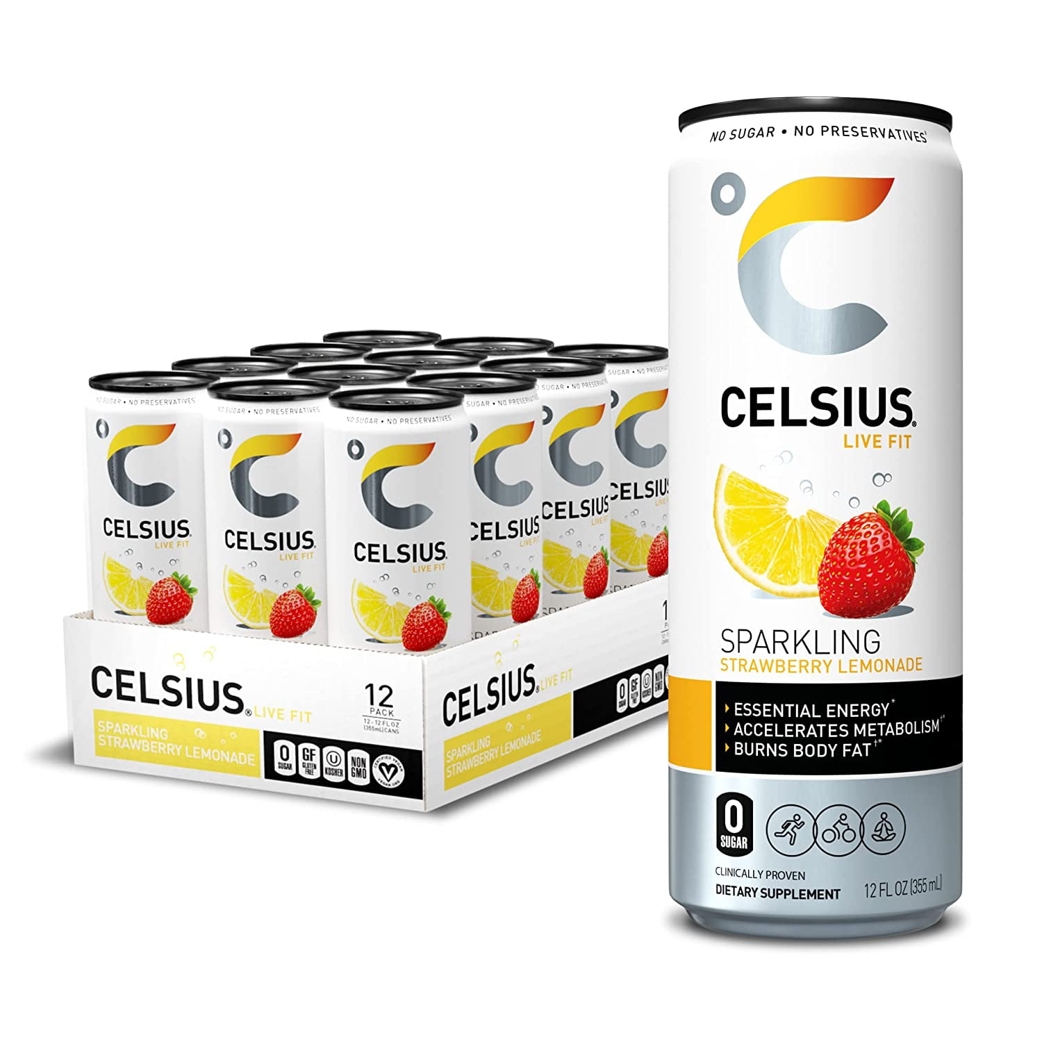 CELSIUS Essential Energy Drink 12 Fl Oz, Sparkling Strawberry Lemonade (Pack of 12)