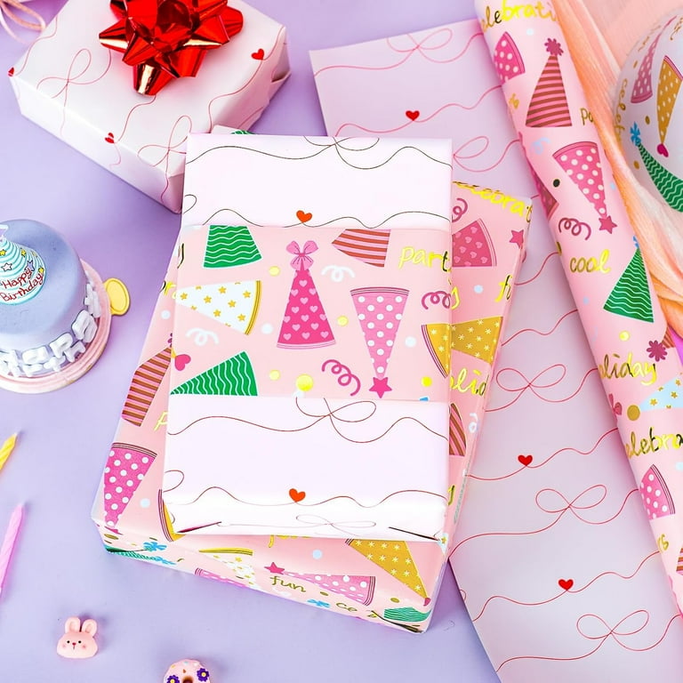 HOMERAL Reversible Birthday Wrapping Paper Roll, Pink Gift