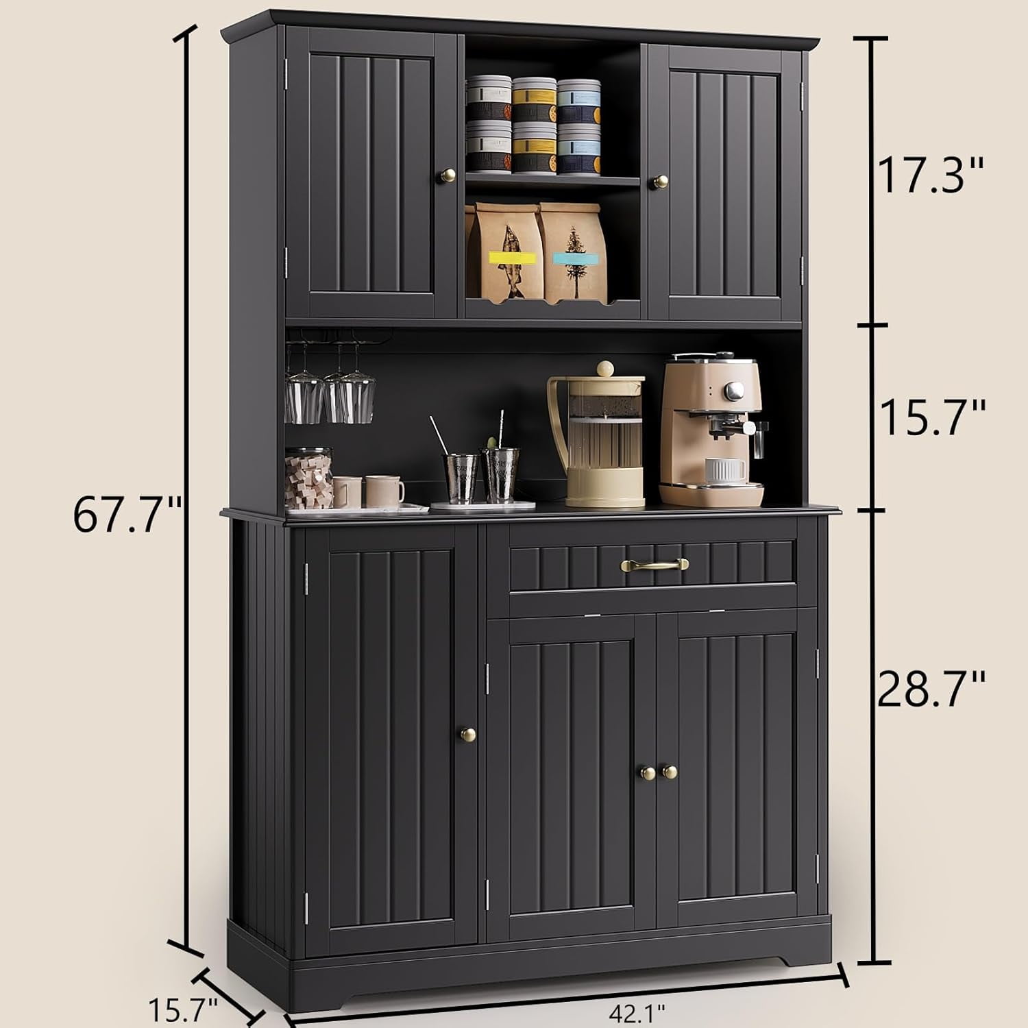 67" Kitchen Hutch Cabinet with 5 Doors and 14 Shelves, Noelse Large Wooden Kitchen Pantry Storage Cabinet with Drawer, Tall Coffee Bar for Dining Room, Black