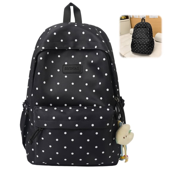 Women'S Nylon Backpack, Lightweight Casual Daypack with Laptop Compartment, Water Resistant study Bag with Polka Dot Print and Tassel Details, Fashionable Commute and Campus Backpack, Black