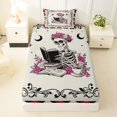 thumbnail image 3 of Homewish Retro Reading Skeleton Twin Sheets for Kids, Checkered Rose Witchy Bedding, 3-Piece, 1 Flat Sheet, 1 Fitted Sheet and 1 Pillowcase, 3 of 5