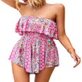thumbnail image 2 of Women‘s Boho Romper Off Shoulder Elastic Waist Ruffle Shorts Jumpsuit Strapless Playsuit Flowy Beach Jumpsuit, 2 of 6