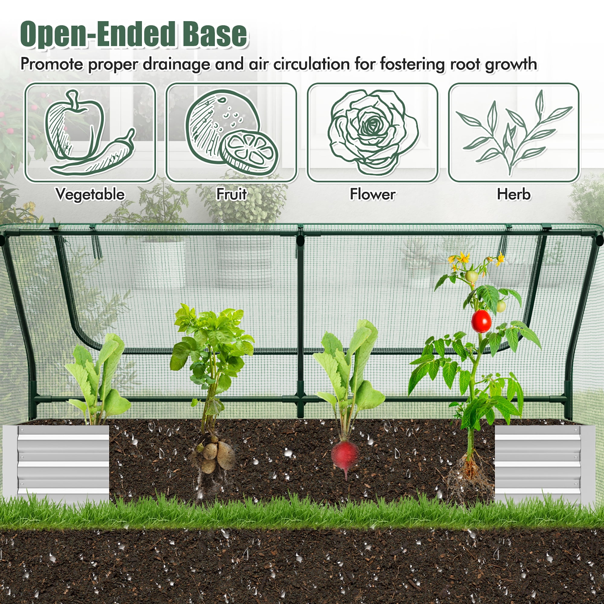 Gymax Galvanized Steel Raised Garden Bed Metal Planter Box Kit w/ Mini Greenhouse Cover