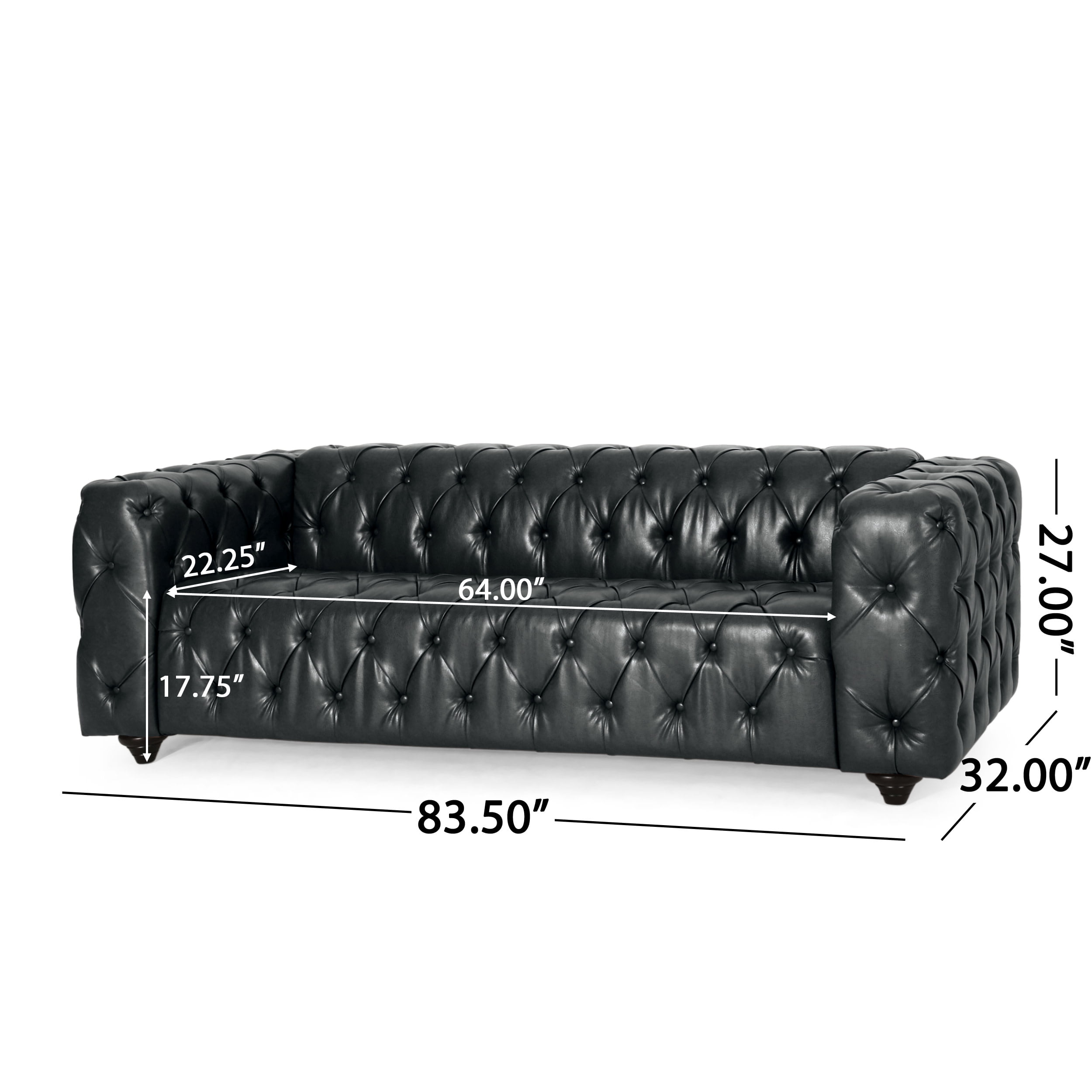 Noble House Feichko Faux Leather Tufted 3 Seater Sofa, Midnight Black